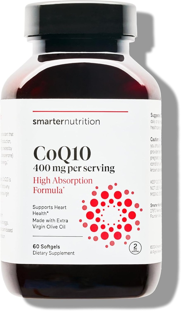 SMARTERNUTRITION CoQ10 400 mg Haute absorption - Ubiquinone naturellement fermentée avec huile d'olive à pression froide organique - pour la santé cardiaque, l'énergie cellulaire - Non-OGM, sans gluten - 60 Nombre[30 jours]