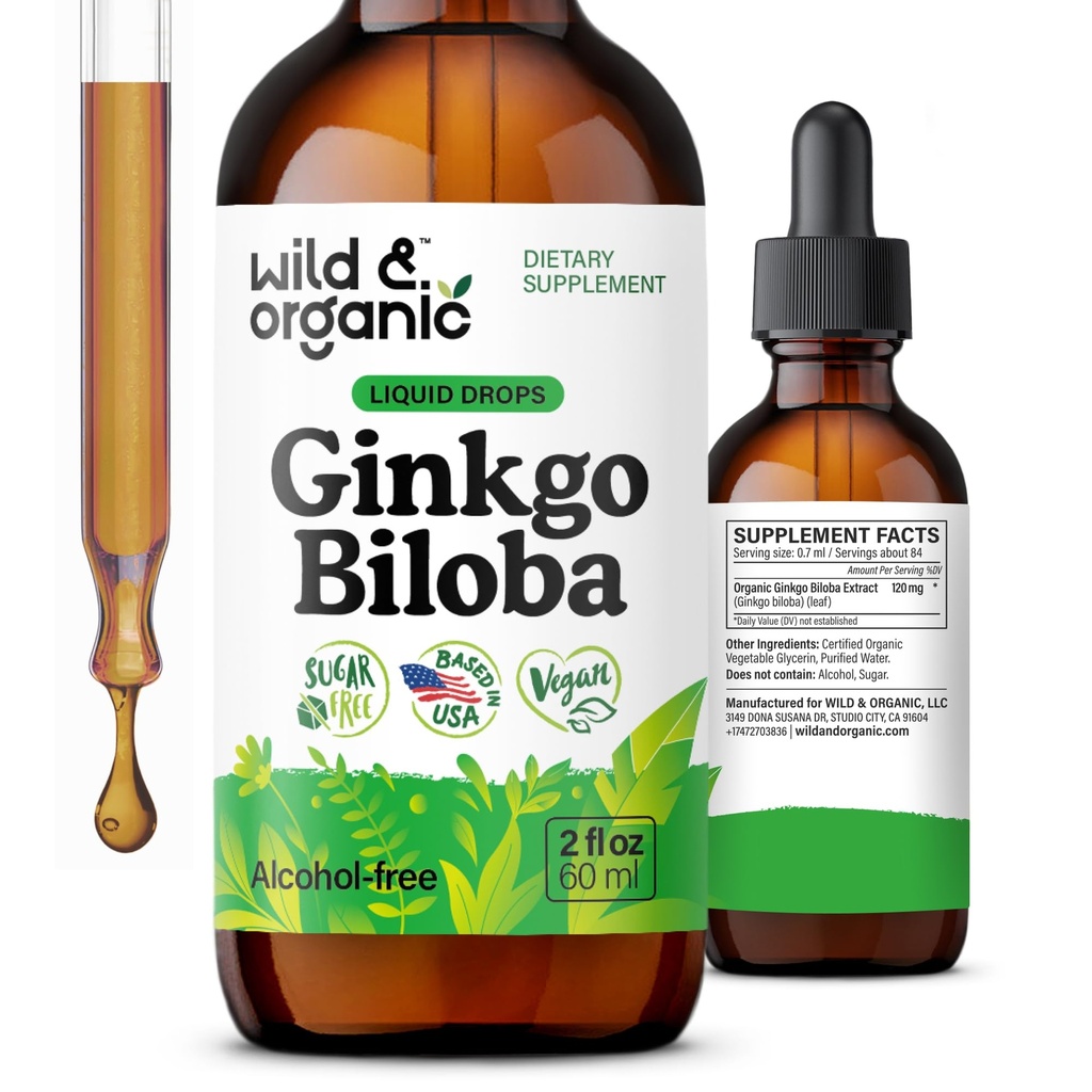 Teinture Ginkgo Biloba sauvage et biologique - Soutien Cerveau et Focus avec supplément de feuille Ginkgo - Teinture d'extrait végétalien, sans sucre et sans alcool - 2 fl oz