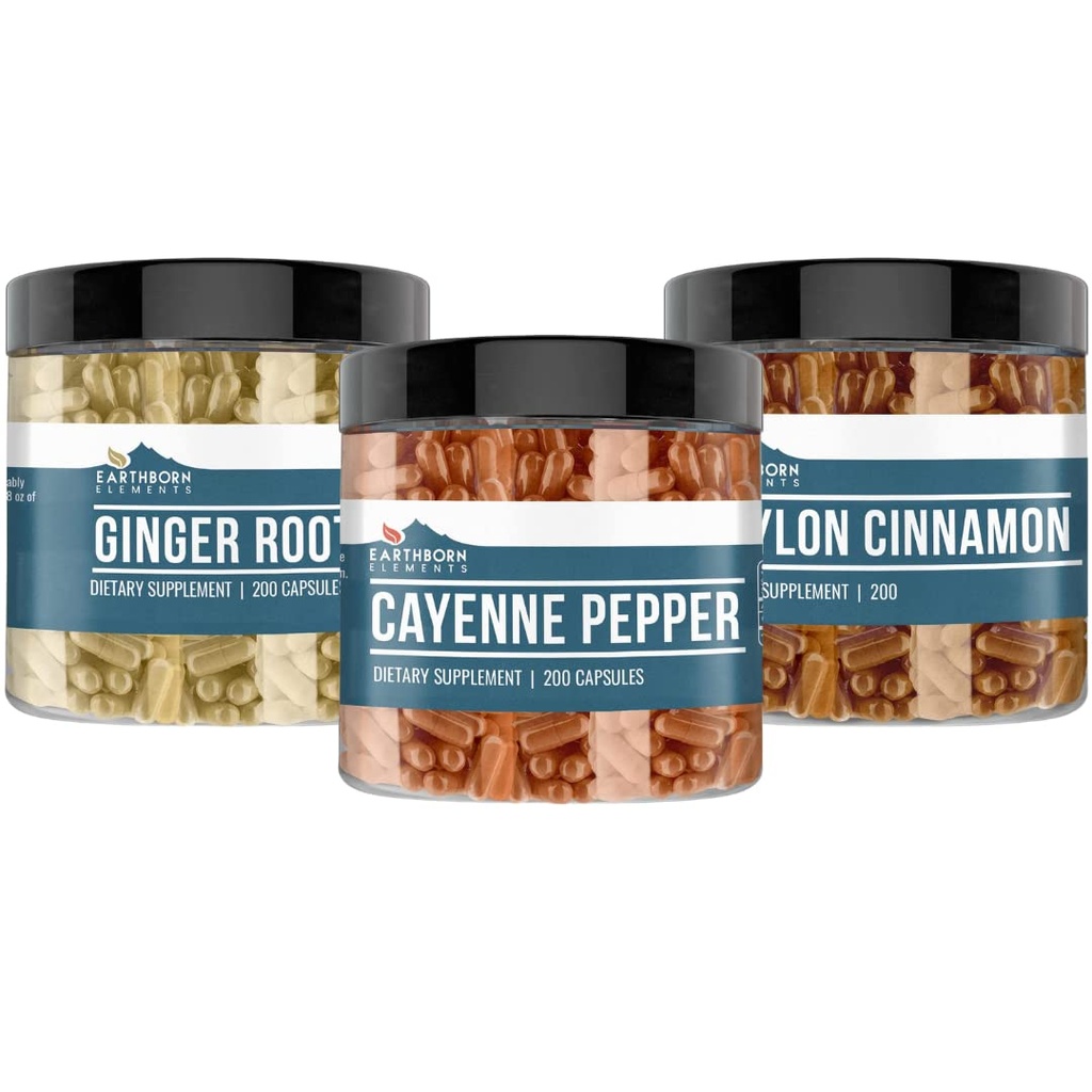 Éléments terriens Cayenne Pepper, Ceylan Cinnamon & Ginger Root Bundle (200 capsules chacune), Pure et non dilué, Pas d'additifs