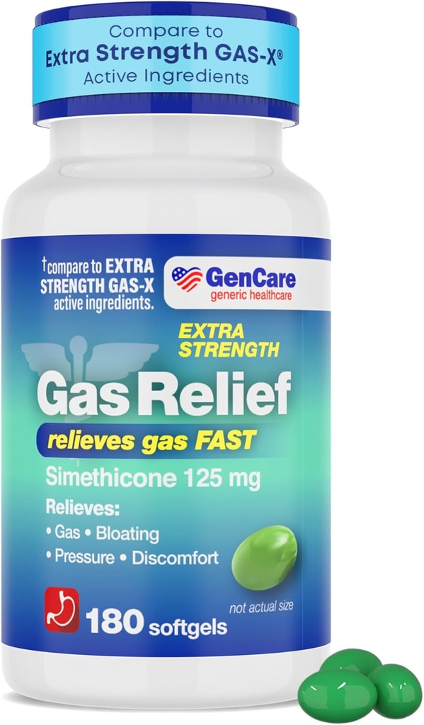 GenCare -Extra Strength Gas Relief Siméthicone 125mg (180 Softgels) Pills antigaz de résistance maximale pour le soulagement, la pression et le confort de ballonnement - Comparer avec le générique Extra Strength Gas X