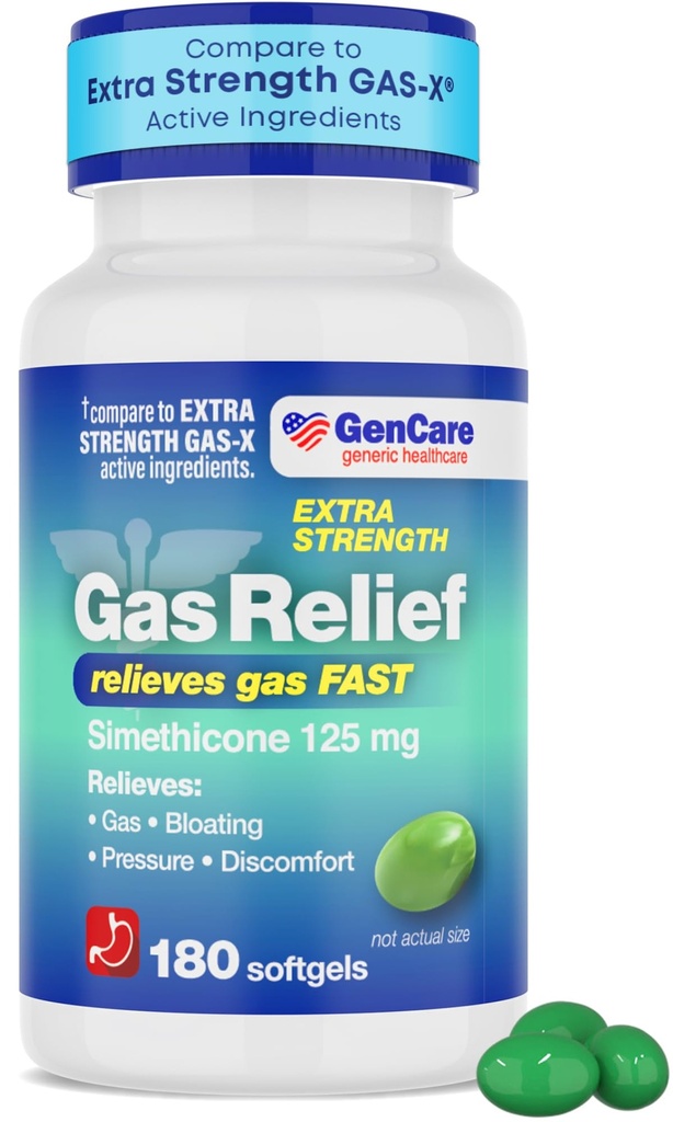 GenCare -Extra Strength Gas Relief Siméthicone 125mg (180 Softgels) Pills antigaz de résistance maximale pour le soulagement, la pression et le confort de ballonnement - Comparer avec le générique Extra Strength Gas X