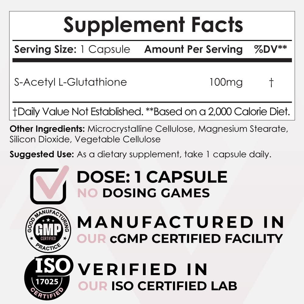 S-acétyl L-Glutathion Capsules de 100mg de poids 180 Glutathion à haute biovapibilité