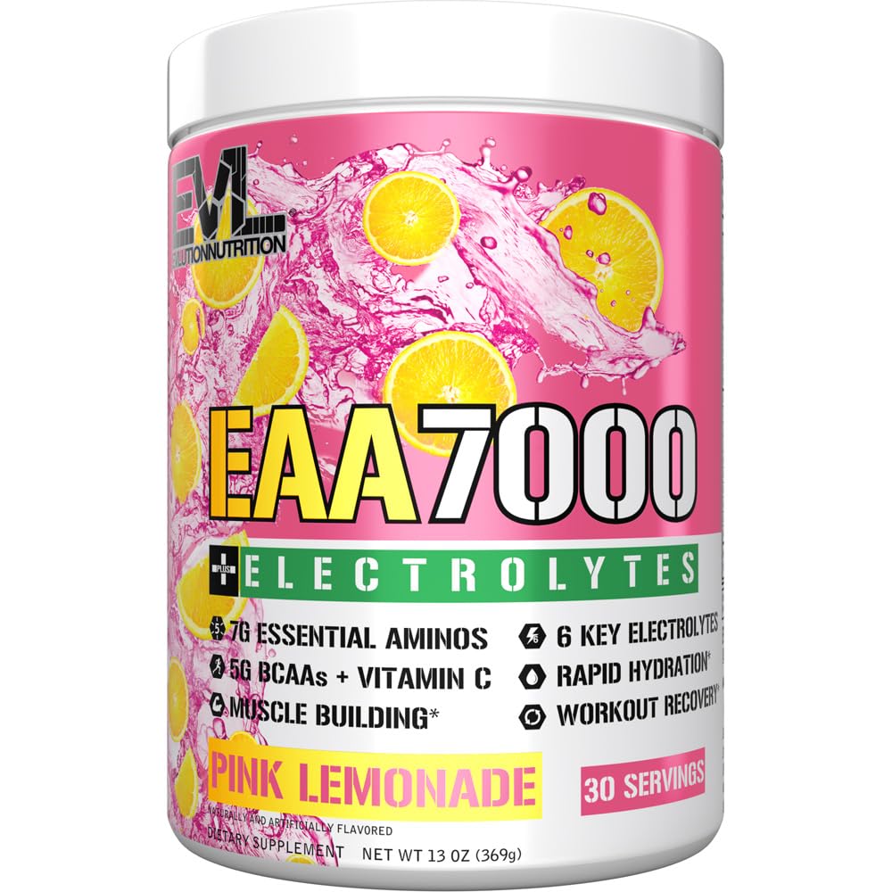 Évlution Nutrition EAA7000 + Electrolytes - Poudre avant et après l'entraînement - Muscle Building + Supplément de récupération - 7g AAE + 5g BCAA + 6 électrolytes clés - Hydratation rapide - 30 portions - Cimonade rose