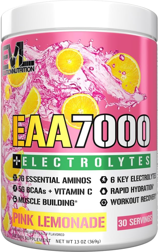 Évlution Nutrition EAA7000 + Electrolytes - Poudre avant et après l'entraînement - Muscle Building + Supplément de récupération - 7g AAE + 5g BCAA + 6 électrolytes clés - Hydratation rapide - 30 portions - Cimonade rose