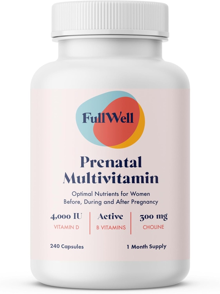 Vitamines prénatales FullWell Choline, folate, vitamine D pour la croissance foetale, développement cérébral Nutriments vitaux, OBGYN recommandé, non OGM, 3e partie testée, 30 portions