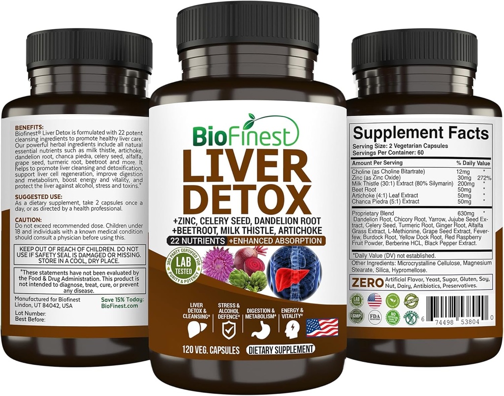 BioFinest Liver Detox Supplement - 22 Nutrients Milk Thistle Artichoke Celery Seed Chanca Piedra Beet Root Dandelion Turmeric Ginger - Alcohol Cleanse Energy Digestion Metabolism (120 Veg. Capsules)