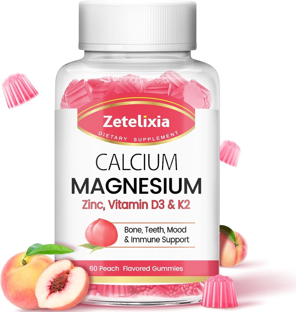 Gummies sans sucre Citrate de calcium, Gummies de magnésium de calcium avec vitamine D3 et K2 pour les muscles et les articulations des os, Saveur de pêche - 60 Ct
