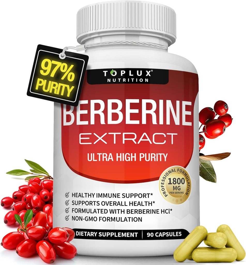 Supplément Berberine 1800mg - Berberine HCL 97% testé Ultra haute pureté Extrait Berberine Premium pour soutenir la santé globale, Berberine haute puissance plus non-OGM Vegan hommes femmes, 90 capsules