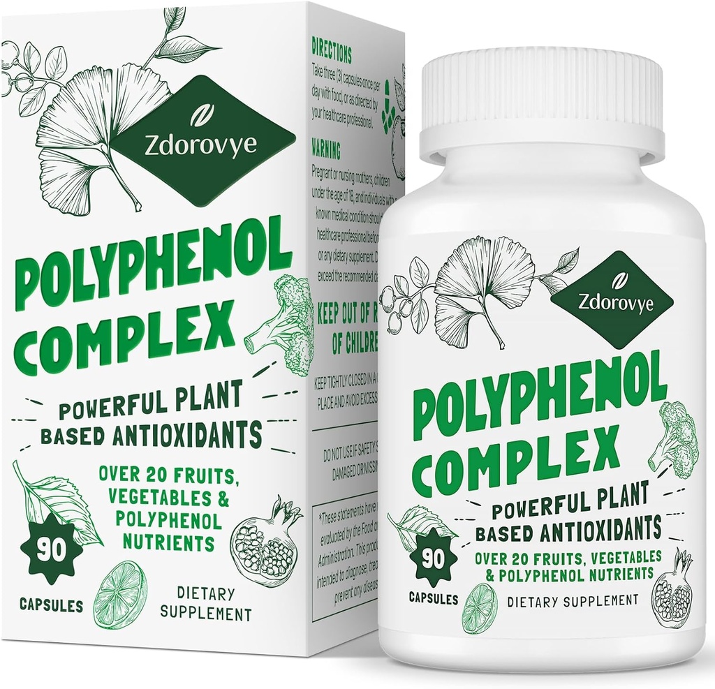 Supplément de 20 polyphénols en 1 Plus de 20 Fruits, Légumes et Polyphénols, Antioxydants puissants, Quercetin, Resvératrol, Turmeric, Thé Vert, Polyphénols pour la Défense de l'âge, Énergie et Immune, 90 Capsules