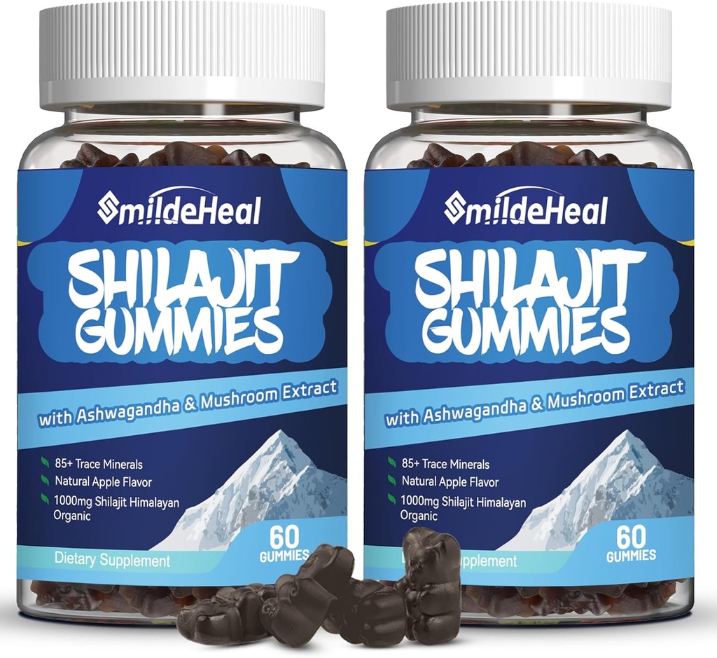 Shilajit Gummies 1000 MG, Supplément chilajit biologique, 85+ minéraux traces, avec Ashwagandha, Champignon - Énergie, Cerveau, Immunity Support, pour les hommes et les femmes - 120 comtes