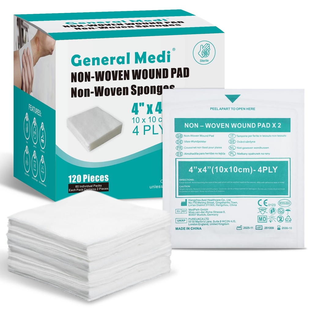 General Medi Sterile Gauze Eponges, 4" x 4" Plaquettes pour blessures non tissées - Éponges individuellement enrobées de façon très absorbante pour les blessures mineures, les coupures et les brûlures soins des blessures (60 paquets, 120 pièces Total)