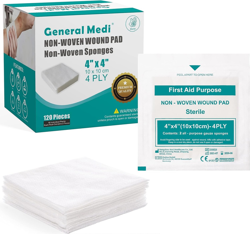 General Medi Sterile Gauze Eponges, 4" x 4" Plaquettes pour blessures non tissées - Éponges individuellement enrobées de façon très absorbante pour les blessures mineures, les coupures et les brûlures soins des blessures (60 paquets, 120 pièces Total)