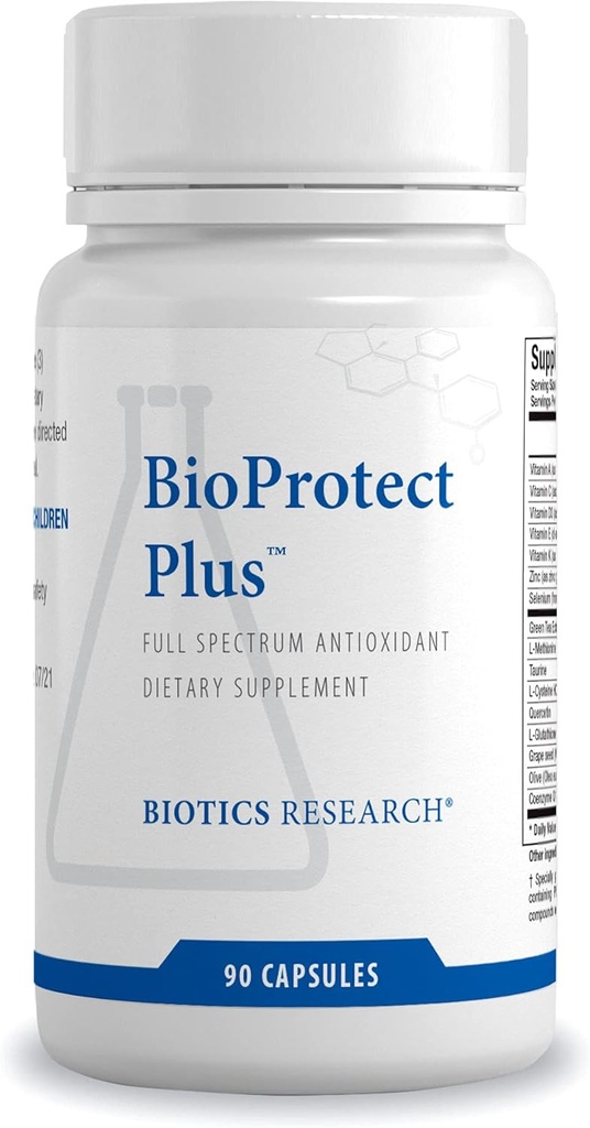 Recherche en biotique BioProtect Plus protège le corps contre les dommages oxydatifs, soutient la santé globale, la santé immunitaire, la santé cardiovasculaire. Glutathion, CoQ10, Taurine, SOD, Catalase 90 Capsules