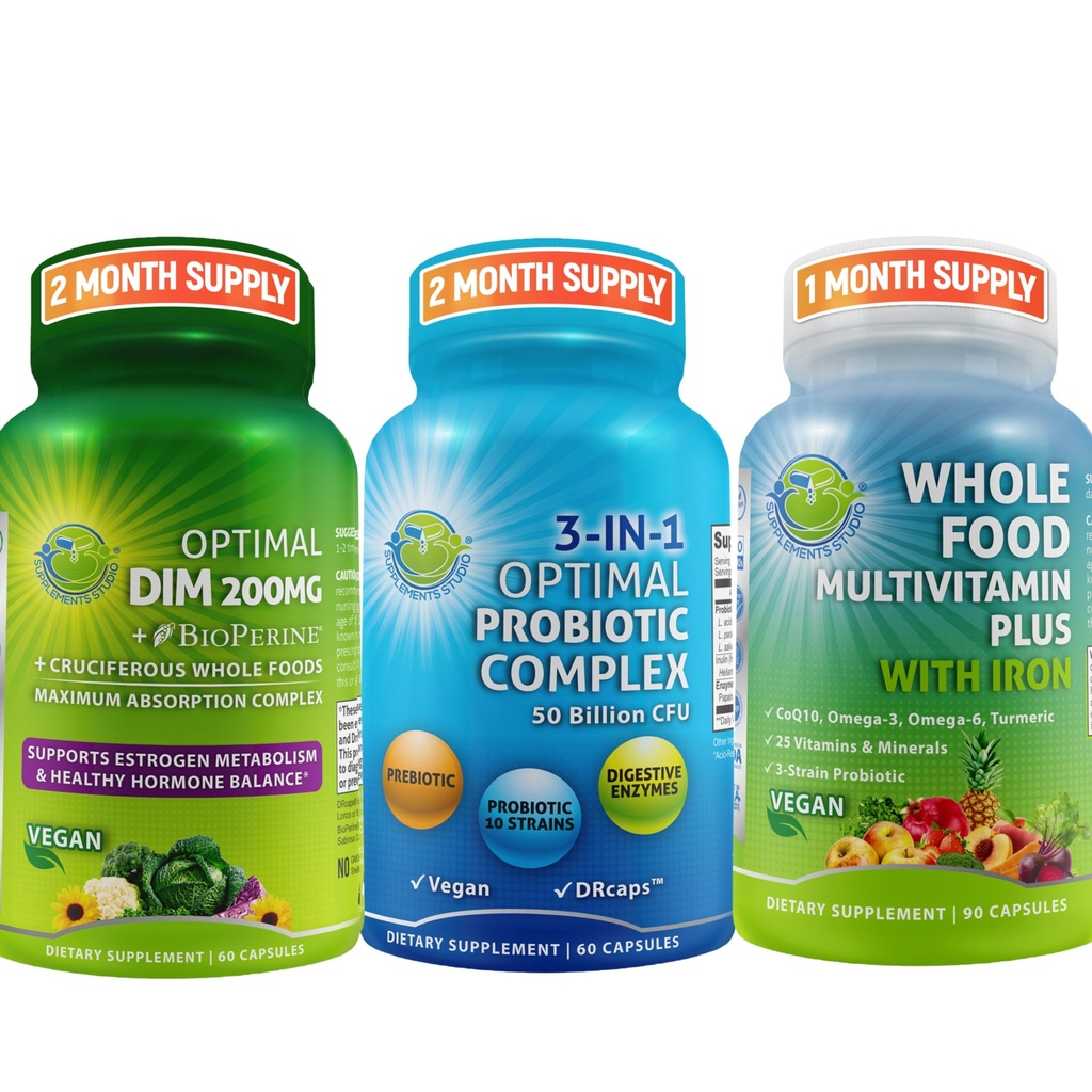Balance hormonale et santé digestive Trio – DIM 200mg avec BioPerine® et légumes crucifères + 3-en-1 Probiotique avec prébiotiques et enzymes + multivitamine d'aliments entiers avec fer – Vegan Wellness Support