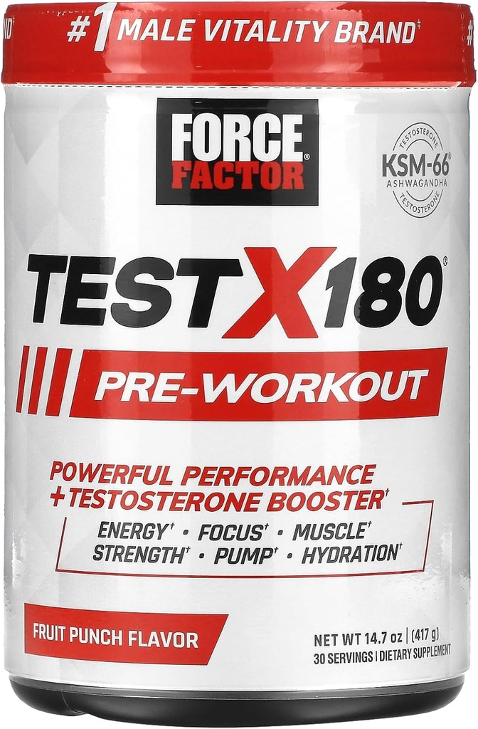 FORCE FACTOR Test X180 Supplément de poudre et d'énergie avant l'entraînement, boost focus & Endurance, build Muscle & Strength, supplément d'oxyde nitrique avec Ashwagandaha & L-Citrulline, punch fruit, 30 portions