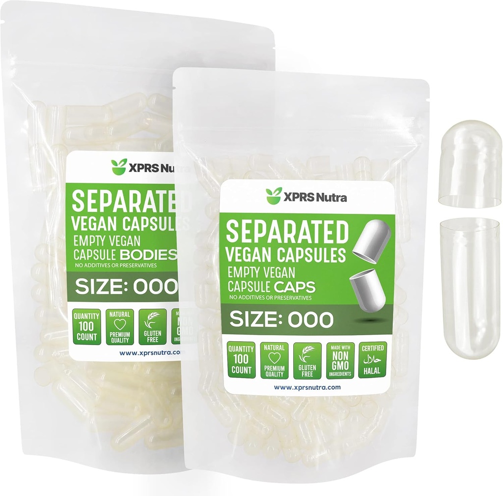 XPRS Nutra Vegan Taille 000 Capsules séparées- 100 Culots vides Premium Comte séparés dans des sacs - Capsules vides claires - 000 pilules pour le remplissage de supplément de bricolage