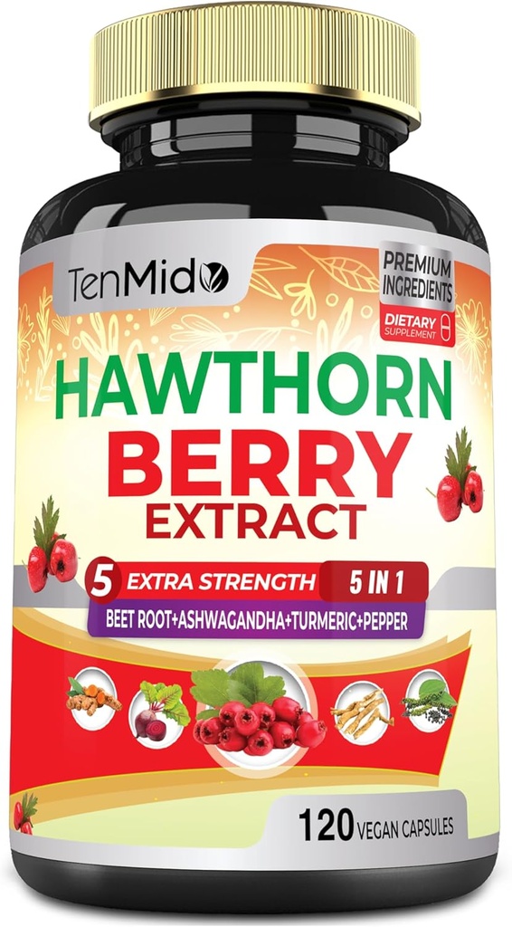 Hawthorn Berry Supplement Extract Capsules - 120 Capsules Vegan pendant 4 mois - Ensemble de racines de betterave, Ashwagandha, Curcumine et poivre noir