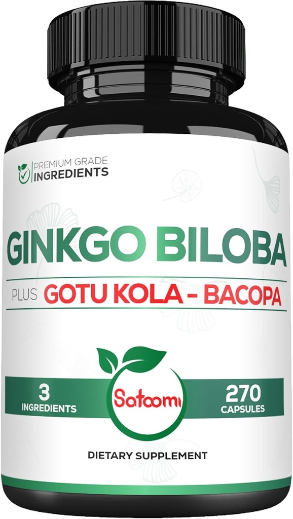 1520mg Ginkgo Biloba Suppléments avec Gotu Kola Leaf, Bacopa Monnieri - 270 Capsules - Soutien supplémentaire de la force pour la santé cérébrale, fonction mémoire, focus et qualité de la vision - 3 mois d'approvisionnement