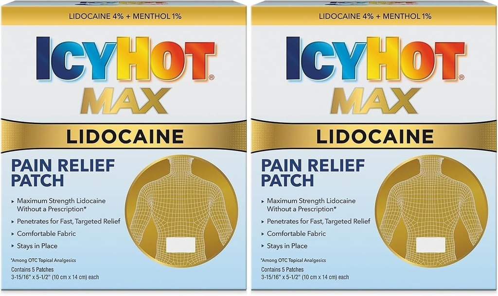Icy Hot Max Strength Lidocaine Pain Relief Patch (5 Count) Penetrates for Fast, Targeted Relief (Pack of 2)