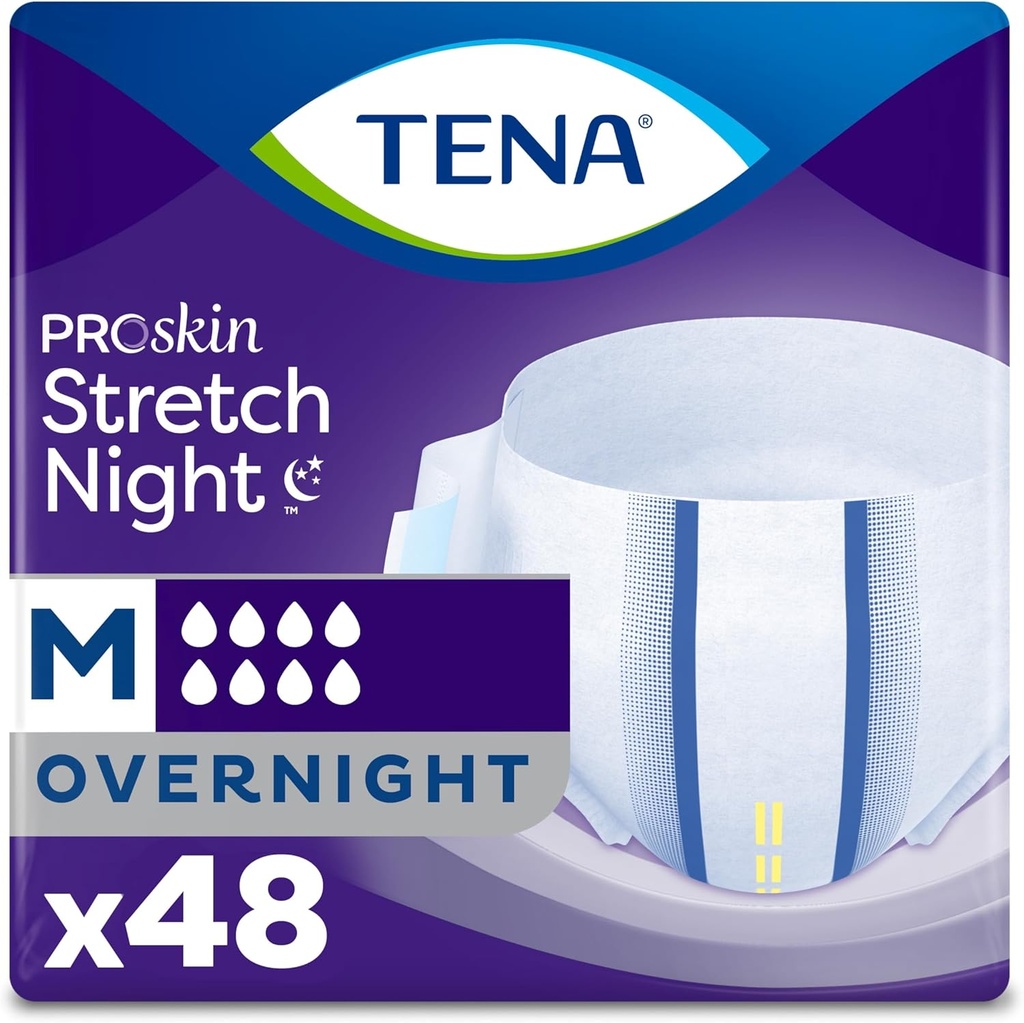 TENA Overnight Stretch Adult Diaper for Men and Women, Medium, 48 Count, Packaging May Vary