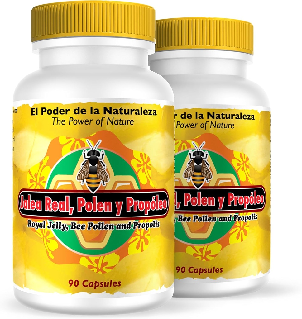 Nutrisalud Products Jalea Real, Polen y Propoleo en UNA sola capsula. Maxima Potencia. Tonico rejuvenecedor, energia Natural, .Set de 2 frascos con 90 caps. c/u.