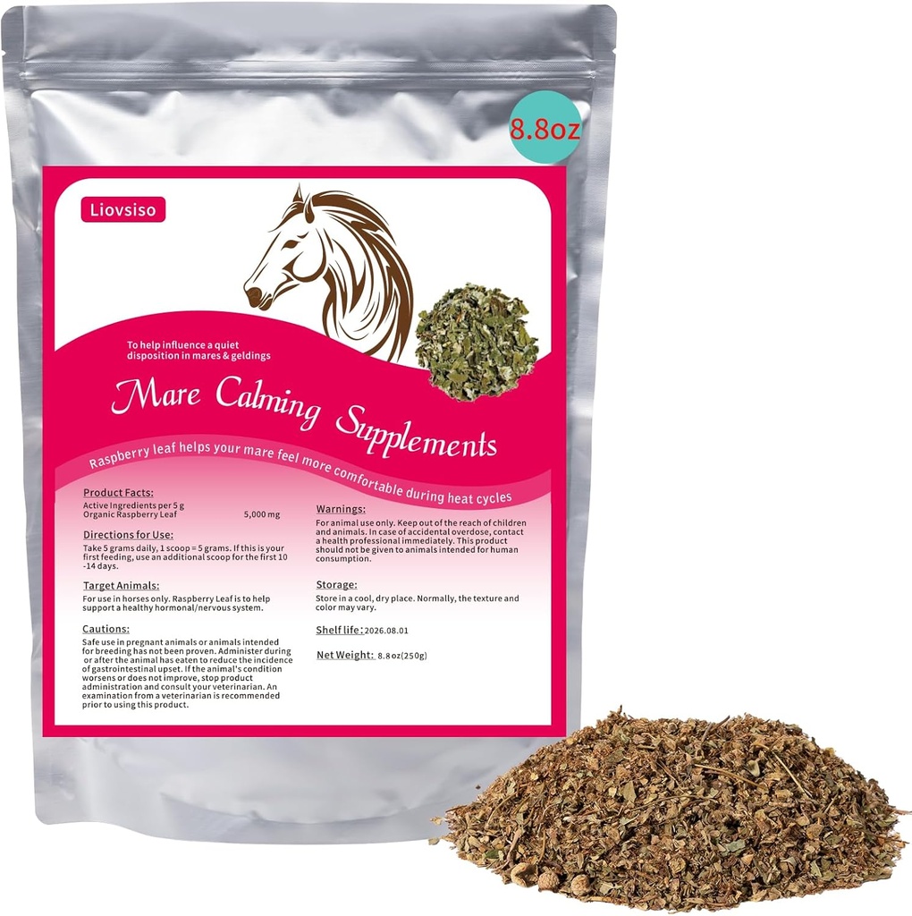 8.8 oz Horse Calming Supplement - Natural Raspberry Leaf Eases Anxiety and Discomfort in Moody Mares, Calms During Heat Cycles - Suitable for Geldings Too