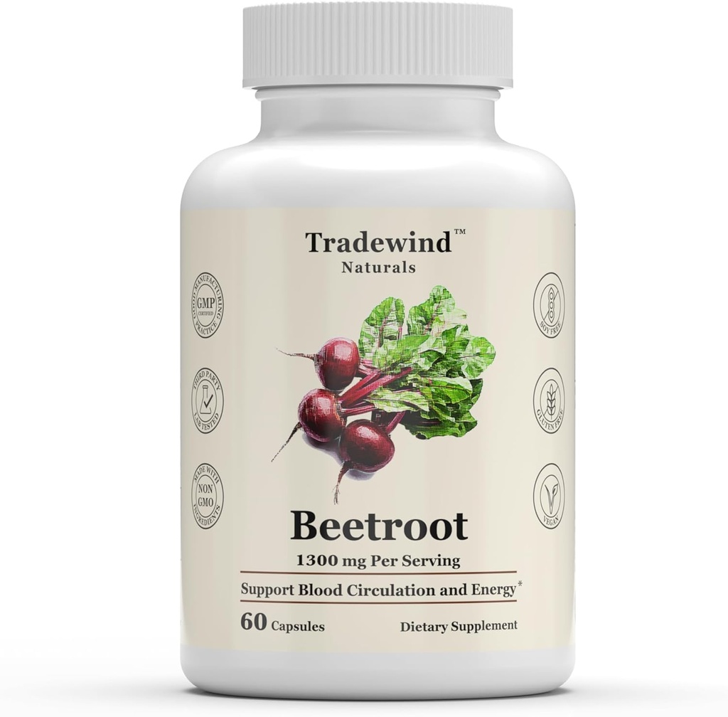 Beetroot 1300mg - Vegan - Non-OGM - Beetroot pur - Soutien de la circulation sanguine et de l'énergie - 60 capsules végétales - Fabriqué aux États-Unis