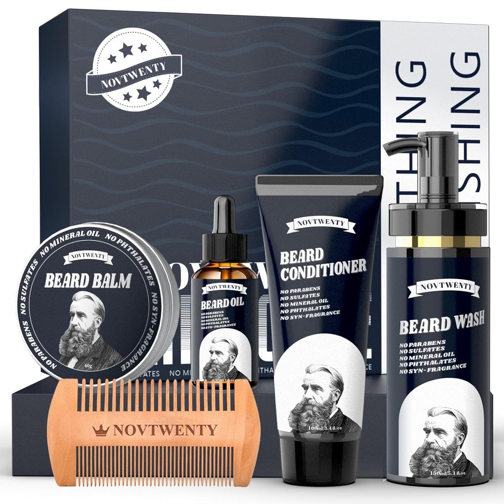Kit de croissance de la barbe - Kit de soins de la barbe pour hommes Mobiuty avec ingrédients naturels, comprend la toilette de la barbe, huile de la barbe, conditionneur de la barbe, baume de la barbe et peigne de la barbe, ensemble de cadeaux pour les pères de boyfriend