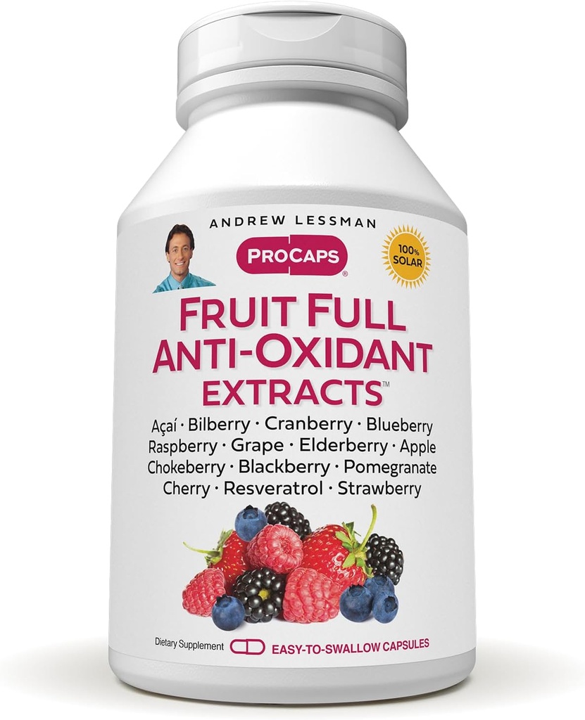 ANDREW MOINSMAN Fruit Extraits anti-oxydants complets 30 Capsules - 14 Extraits naturels de fruits et de baies. Bilberry, canneberge, graines de raisin, grenade, resvératrol, et plus. Capsules faciles à avaler
