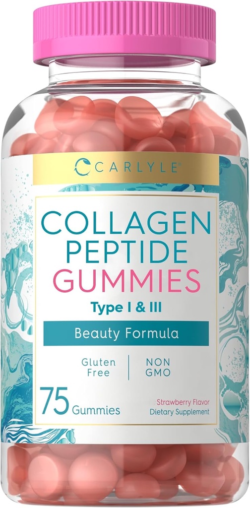 Carlyle Collagen Gummies | Strawberry Flavor Beauty Supplement | Hydrolyzed Collagen Peptides for Women & Men | Type 1 & 3 | Non-GMO, Gluten Free