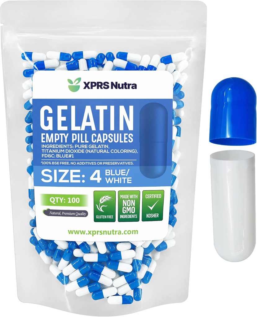 XPRS Nutra Taille 4 Capsules vides - 100 Compter les petites capsules de gélatine vides - Pills Bricolage Capsule Remplissage - Remplir les capsules de gel de pilules pures pour Do-It-Youlf Suppléments (Blue/White)