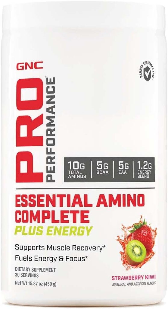 GNC Pro Performance Essential Amino Complete Plus Energy, soutient la récupération musculaire, Strawberry Kiwi, 15,9 oz.