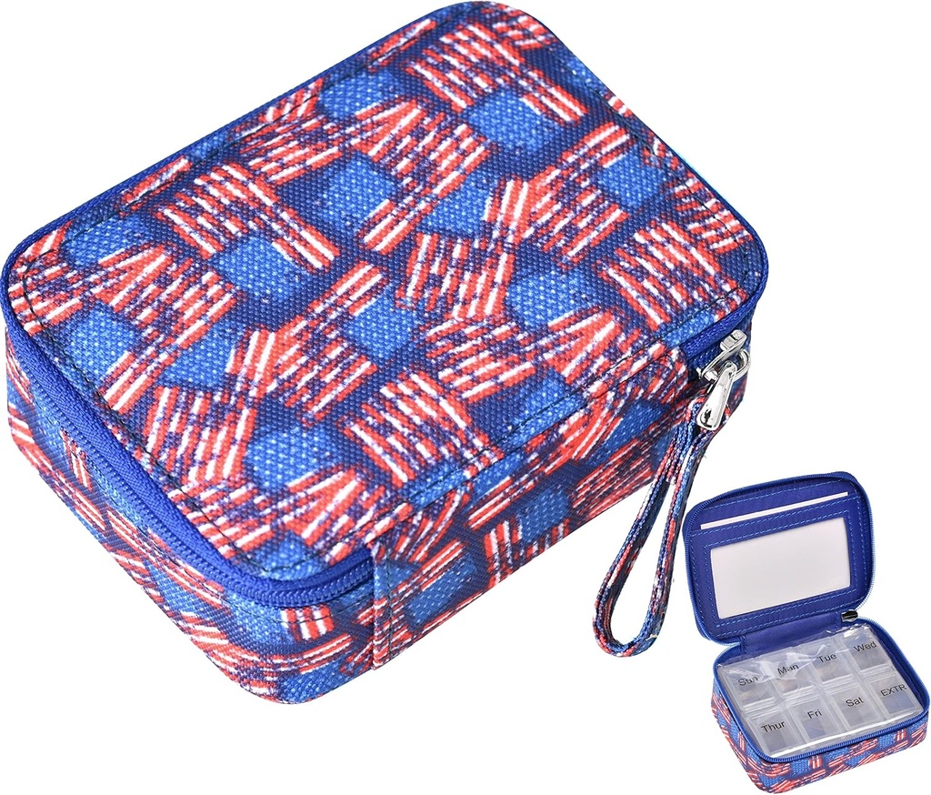 Pill Organizer Case Travel Medicine Box 7 Day Vitamin Supplement Compact Dispenser in Zipper Pouch Bag (US Flag)