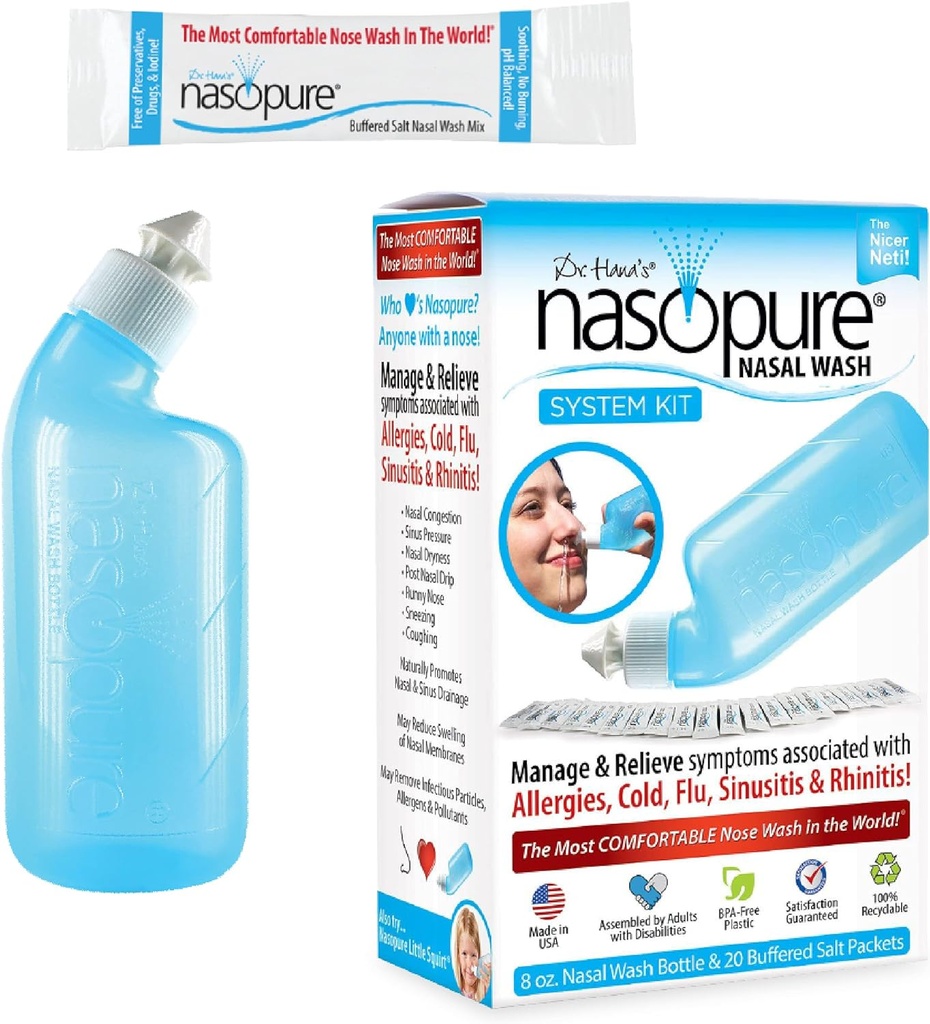 Lavabo nasal nasal nasal, kit de système, kit de lavage du sinus, rinçage nasal confortable 8 oz et 20 paquets de sel (3,75 grammes chacun), congestion nasale, rhume, grippe, allergies, irrigation nasale
