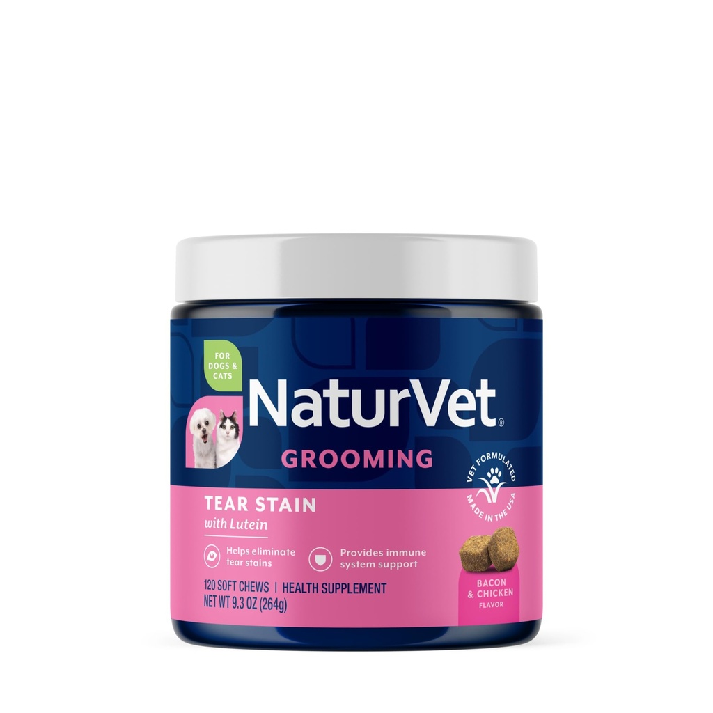 NaturVet Lutein Tear Stain Suppléments pour chiens et chats – Empêche les étamines pour chiens, races de chats – Comprend la racine de raisin de l'Oregon, la racine de marshmallow, extrait de canneberge – 120 Ct.
