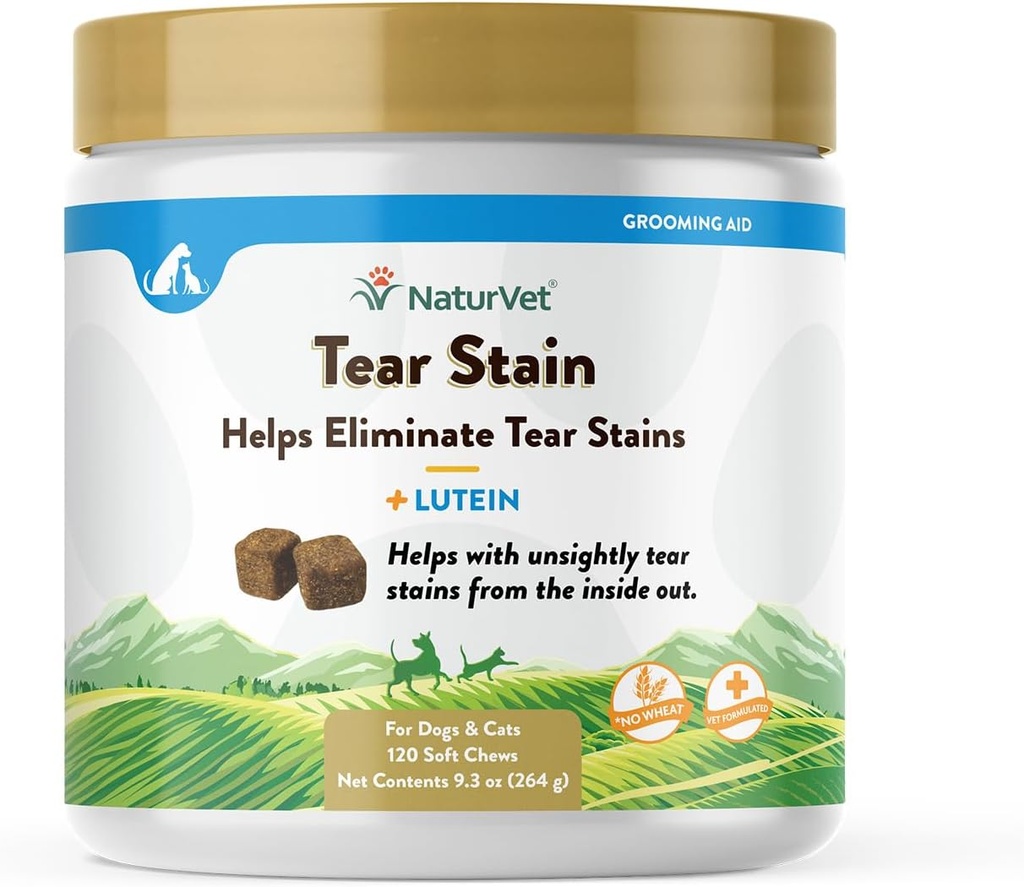 NaturVet Lutein Tear Stain Suppléments pour chiens et chats – Empêche les étamines pour chiens, races de chats – Comprend la racine de raisin de l'Oregon, la racine de marshmallow, extrait de canneberge – 120 Ct.