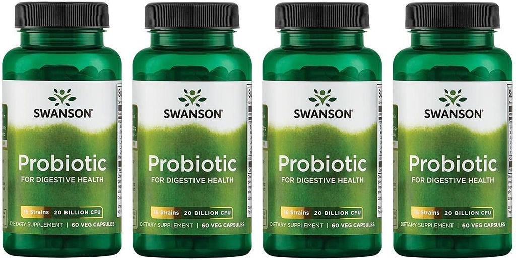 Swanson Probiotique pour la santé digestive GI Tract Immune Soutien aux voyageurs Soutien 20 milliards UFC avec prébiotique FOS 60 Capsules de légumes (4 pack)