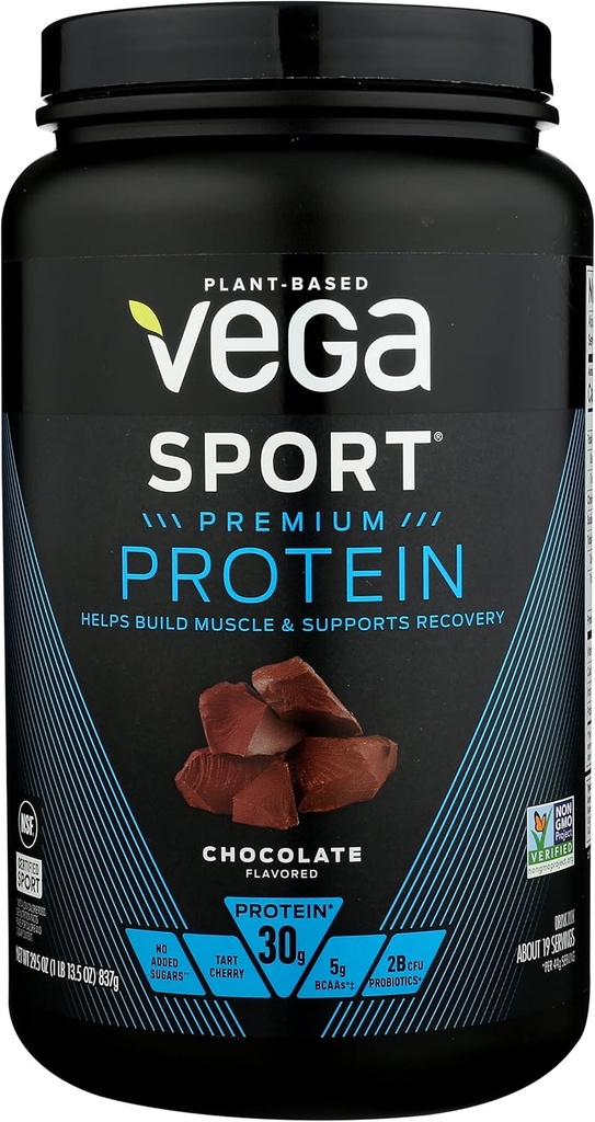 Vega Sport Premium Protein Powder, Chocolate, Vegan, 30g Plant Based Protein, 5g BCAAs, Low Carb, No Sugar, Keto, Dairy Free, Gluten Free & Non-GMO, Pea Protein for Women and Men, 29.5 Oz