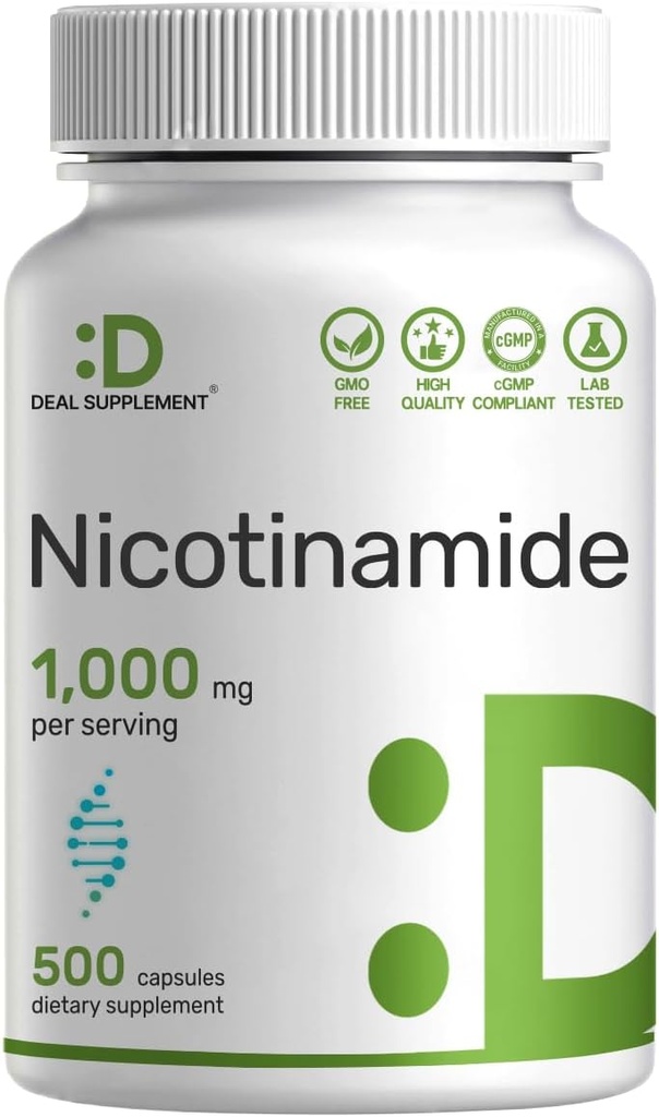 Vitamine B3 Nicotinamide 1 000 mg par portion – 500 capsules, niacine sans flush, B3 essentiel – soutient une production de peau et d'énergie saine – non-OGM