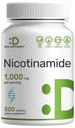 Vitamine B3 Nicotinamide 1 000 mg par portion – 500 capsules, niacine sans flush, B3 essentiel – soutient une production de peau et d'énergie saine – non-OGM