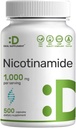 Vitamine B3 Nicotinamide 1 000 mg par portion – 500 capsules, niacine sans flush, B3 essentiel – soutient une production de peau et d'énergie saine – non-OGM