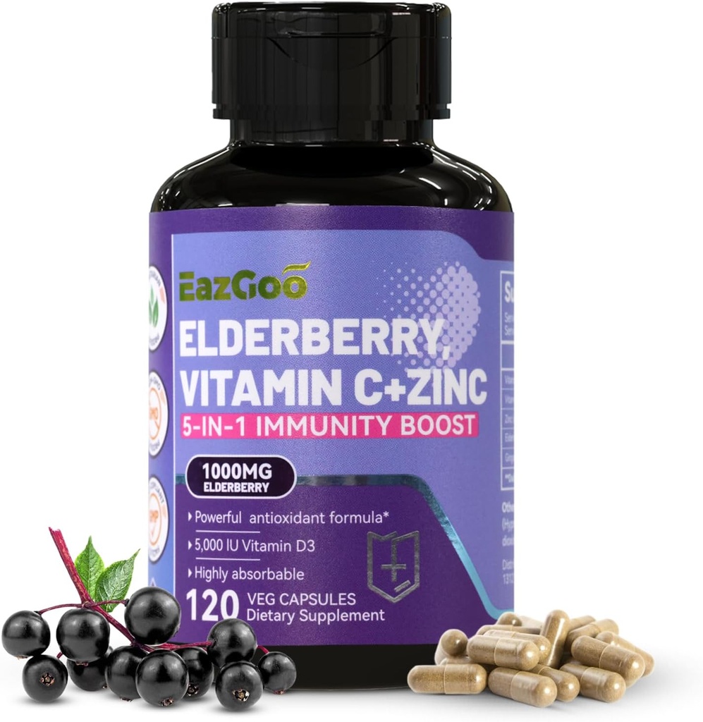 Sambucus Elderberry avec Zinc et vitamine C - Supplément de soutien immunitaire 5 en 1, non-OGM, 120 capsules végétariennes, 2 mois d'approvisionnement