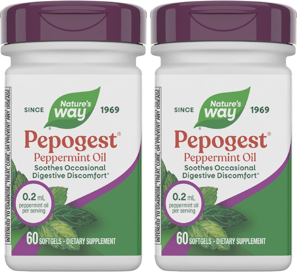 Façon de la nature Huile de menthe poivrée Pepoogest, apaisante Désagrément gastro-intestinal occasionnel*, 60 softgels (paquet de 2)
