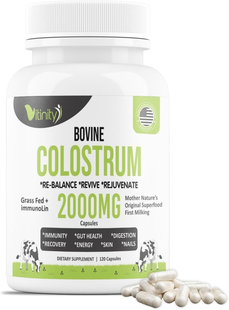 VITINITY Capsules de colostrum de foie gras pour les humains - Supplément naturel IgG Colostrum pour la santé de Gut, le soutien immunitaire, la récupération musculaire et le bien-être