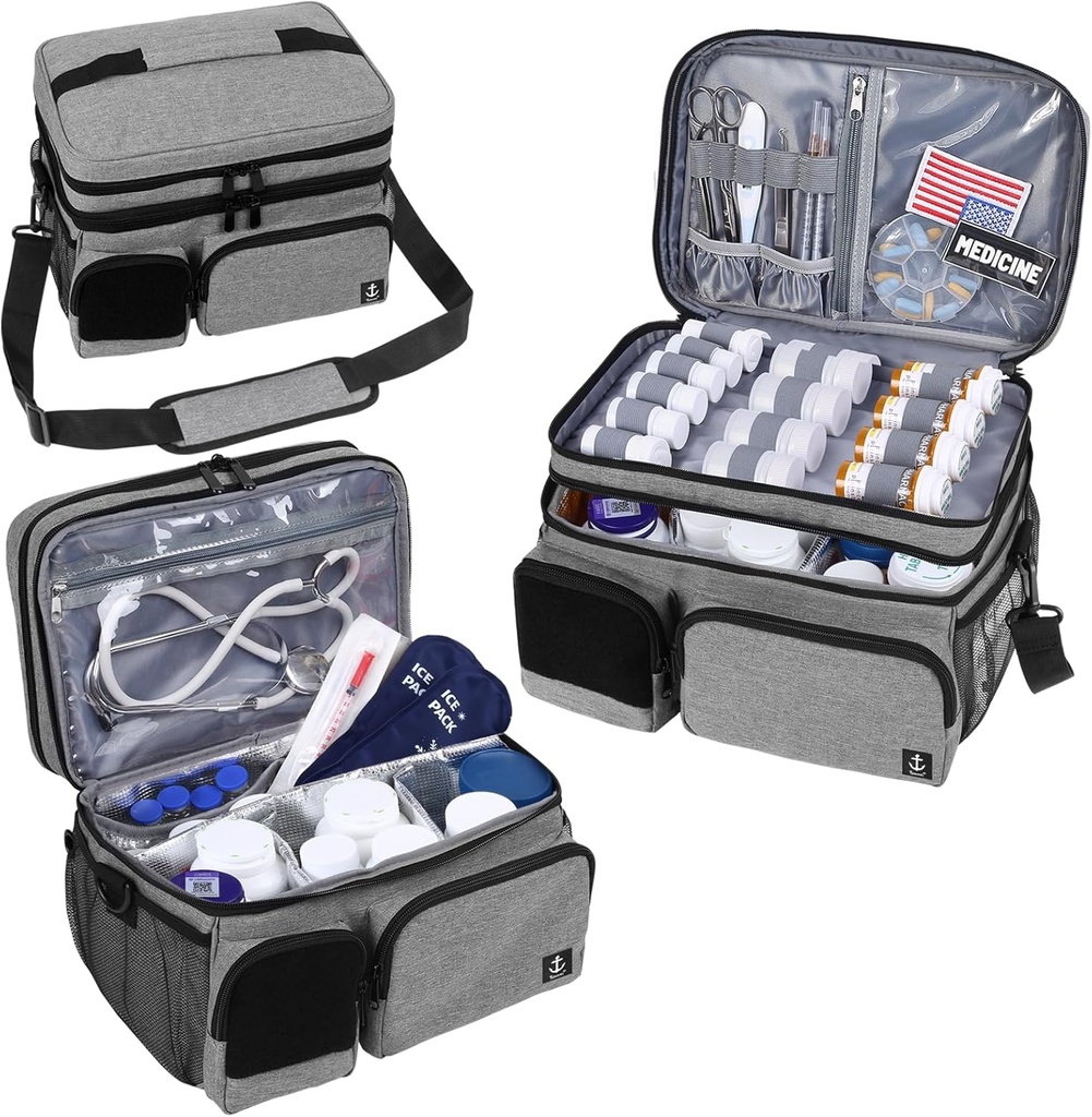 Double couche Sac de médecine avec compartiment isolé Organisateur de bouteilles de pilules avec fermeture éclair verrouillable, Organisateur de médicaments de voyage avec des paillettes d'épaule molles pour bouteilles de pilules, fournitures médicales