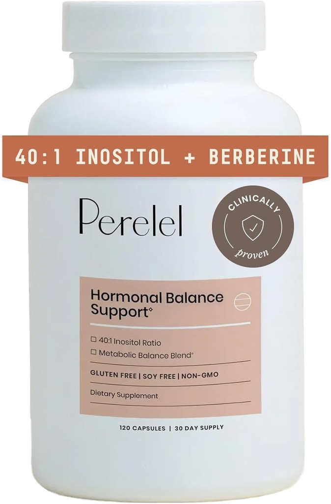 Perelel Hormone Balance Support, supplément inositol féminin avec Berberine, Myo & D Chiro Inositol, acide alpha lipoïque, et Dim pour soutenir la santé des femmes, du soja, des produits laitiers et sans gluten, sans OGM, 120 capsules