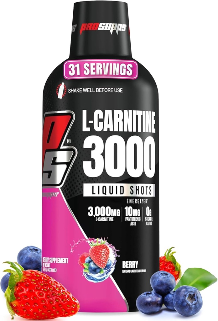 PROSUPPS L-Carnitine Liquide 3000, Tirs liquides sans stimulant pour les hommes et les femmes - boisson d'entraînement propre pour l'énergie, la performance et la récupération musculaire - Pas de sucre, pas de glucides - 31 portions, Berry