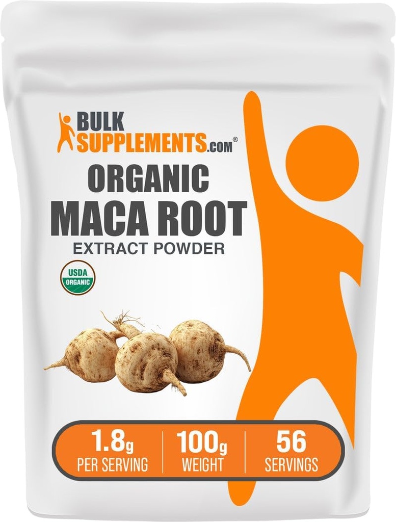 BulkSupplements.com Poudre d'extrait de racine de maca biologique - Poudre de maca biologique, supplément nutritionnel - Vegan & Gluten Free, 1,8g de par portion, 100g (3.5 oz) (paquet de 1)