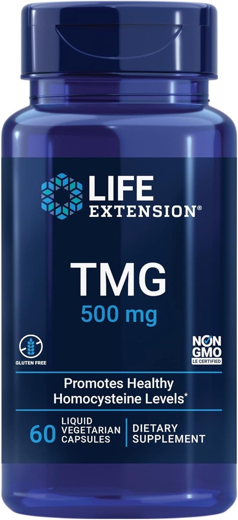 Extension de vie TMG, triméthylglycine, favorise des niveaux d'homocystéine sains, non-OGM, sans gluten, végétarien, 60 capsules