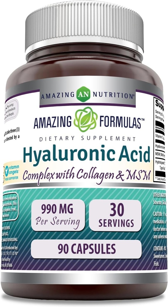 Formules étonnantes Acid Hyaluronique Super Complexe avec MSM, Collagène Type I et III, et vitamine C.90 Mg.90 Capsules Supplément.